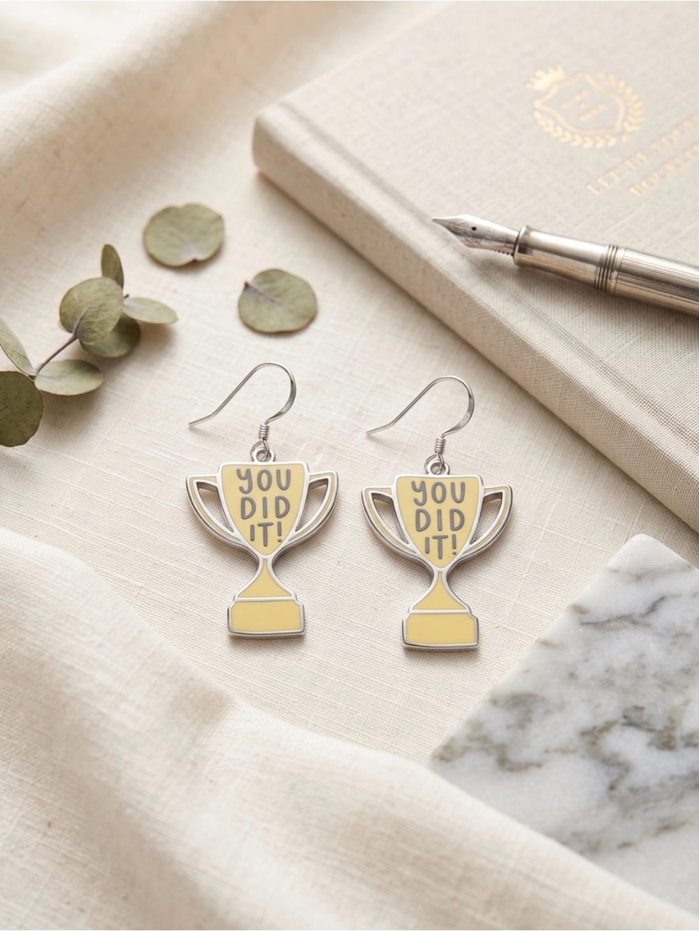 You Did It Trophy Dangle Earrings Yellow Novelty Graduation NWOT